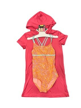 Spyder Girl's Pink Hooded Swim Coverup with Orange Patterned One-Piece